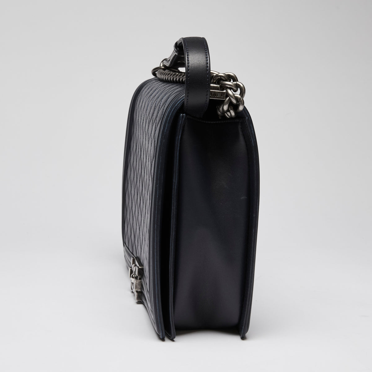 Pre-Loved Chanel ™ Large Navy Boy Bag Style Single Flap Bag with Gunmetal Hardware