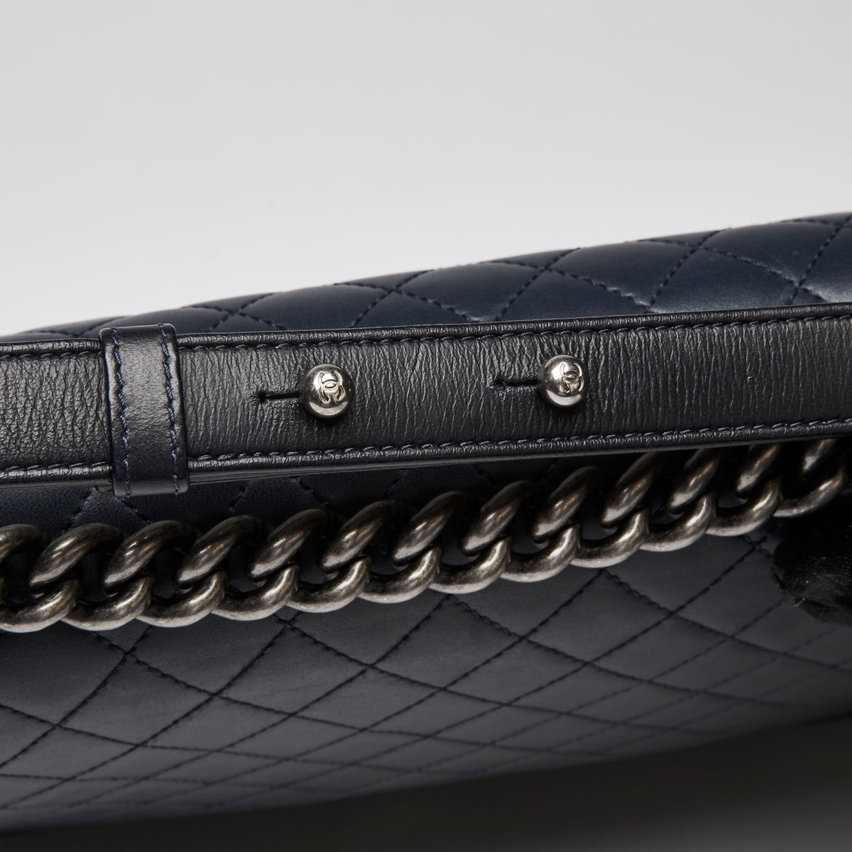 Pre-Loved Chanel ™ Large Navy Boy Bag Style Single Flap Bag with Gunmetal Hardware