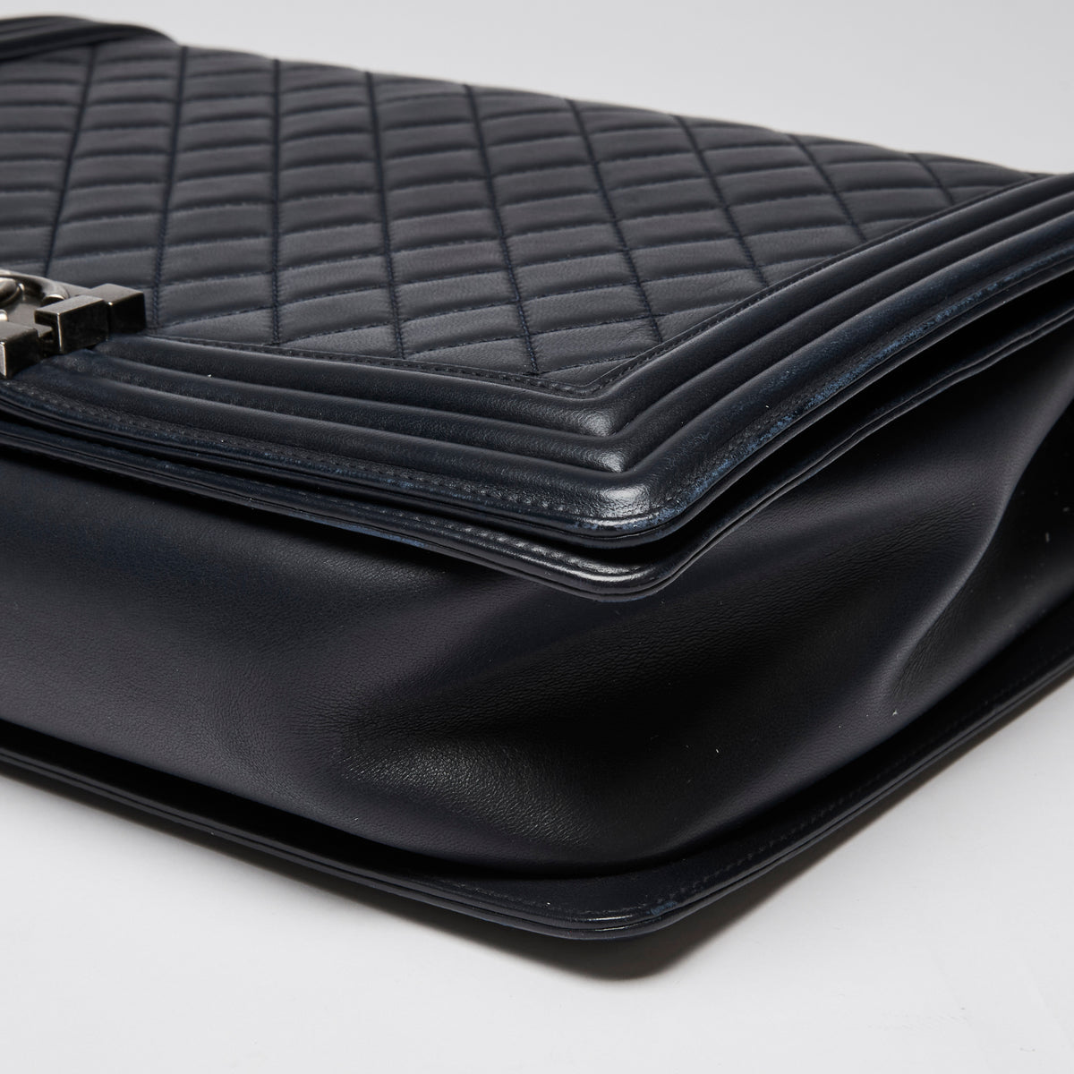 Pre-Loved Chanel ™ Large Navy Boy Bag Style Single Flap Bag with Gunmetal Hardware