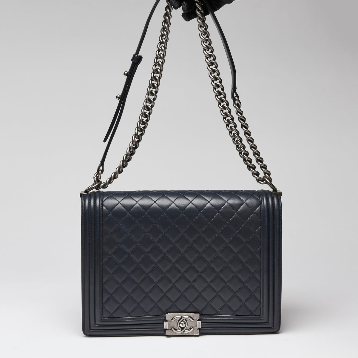 Pre-Loved Chanel ™ Large Navy Boy Bag Style Single Flap Bag with Gunmetal Hardware