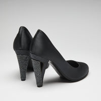 Excellent Pre-Loved Black Satin Round Toe Pumps with Black Strass Ornate Heel. (back)