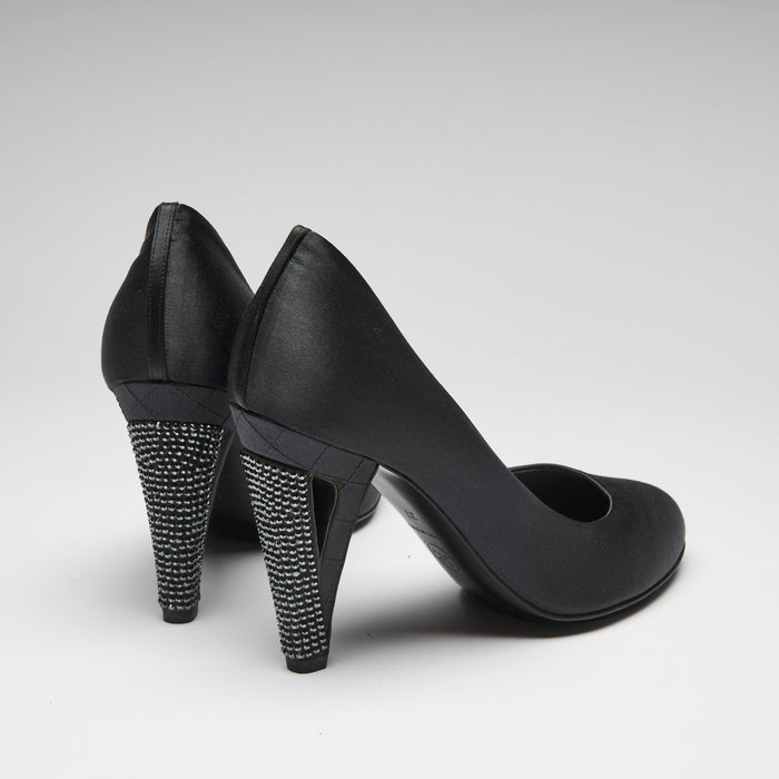 Excellent Pre-Loved Black Satin Round Toe Pumps with Black Strass Ornate Heel. (back)