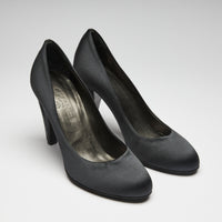 Excellent Pre-Loved Black Satin Round Toe Pumps with Black Strass Ornate Heel. (front)