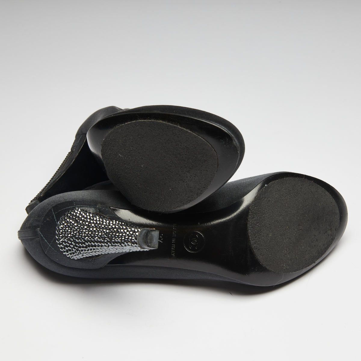 Excellent Pre-Loved Black Satin Round Toe Pumps with Black Strass Ornate Heel. (bottom)