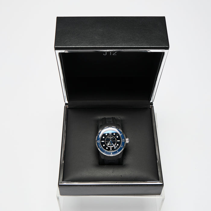 Excellent Pre-Loved Marine Blue Face Automatic Watch with Black Rubber Strap. (front)