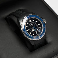 Excellent Pre-Loved Marine Blue Face Automatic Watch with Black Rubber Strap. (front)