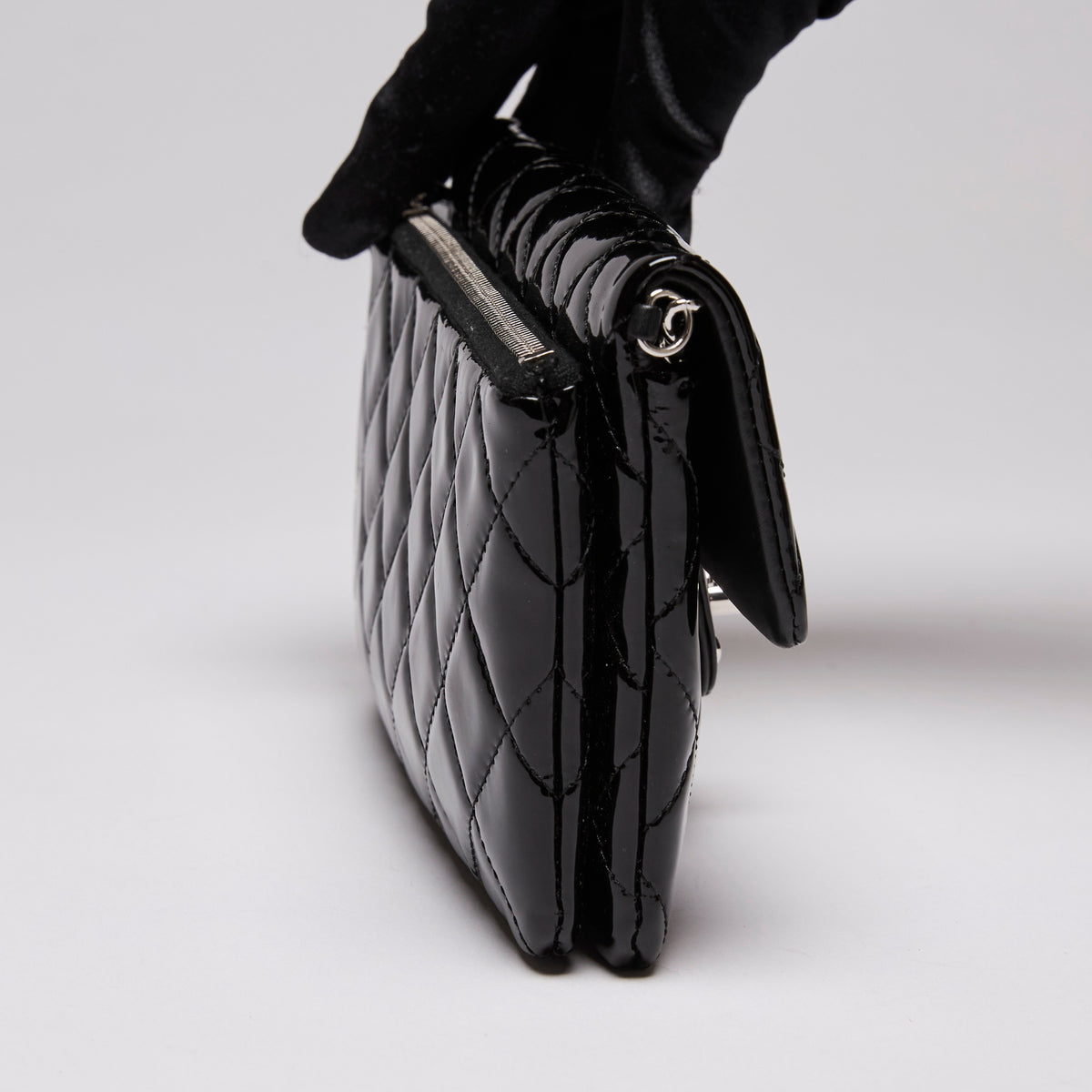 Pre-Loved Chanel™ Black Patent Wallet on Chain (Side)