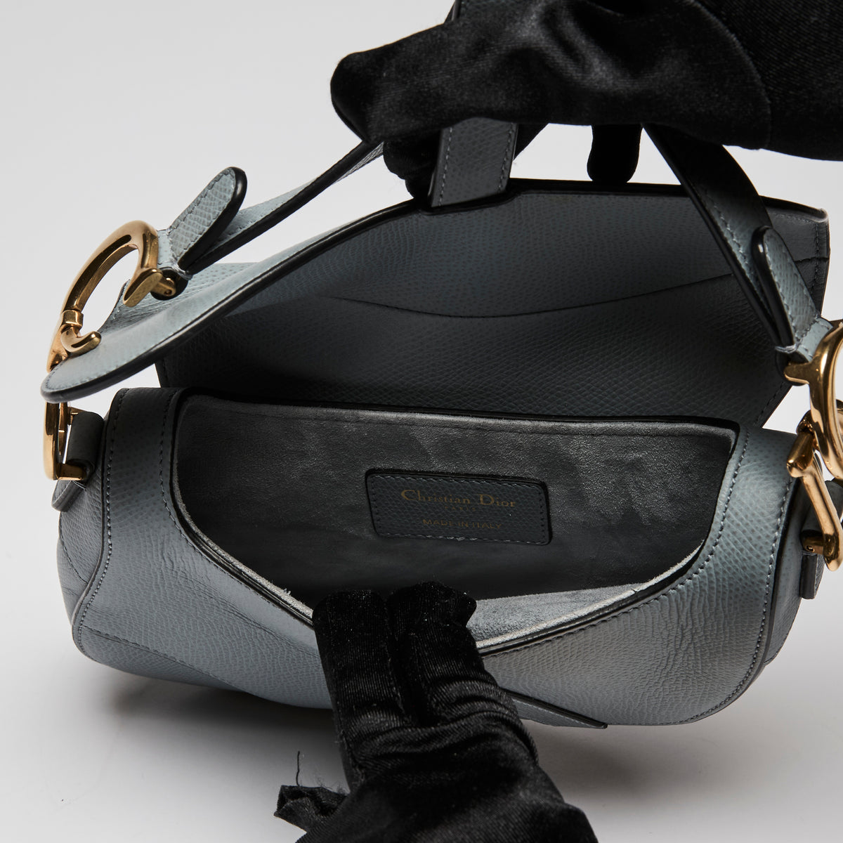 Dior Blue Dove Grey Grained Calfskin Leather Mini Saddle Handbag