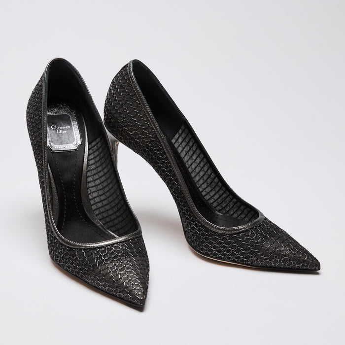 Christian Dior Silver Black Metallic Mesh Pointy Pumps Size 36.5