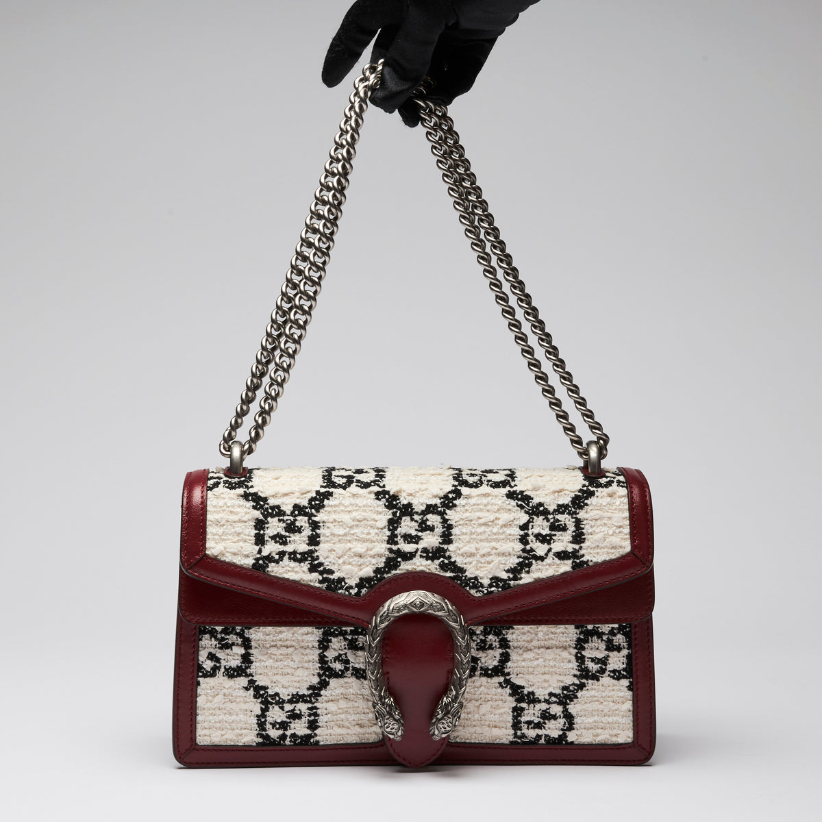 Gucci Black and White Tweed with Red Grained Leather Medium Dionysus Chain Shoulder Bag