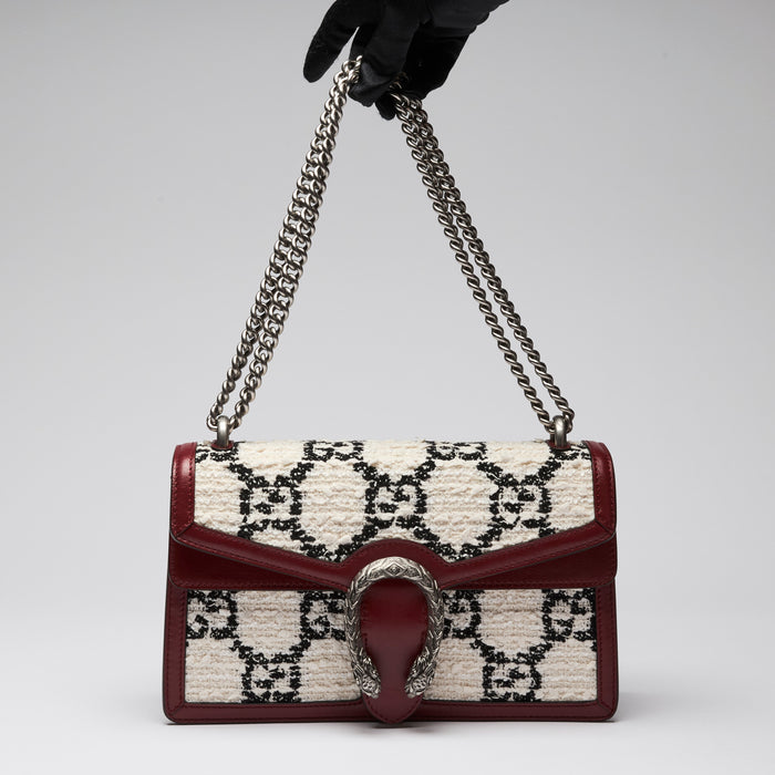 Gucci Black and White Tweed with Red Grained Leather Medium Dionysus Chain Shoulder Bag