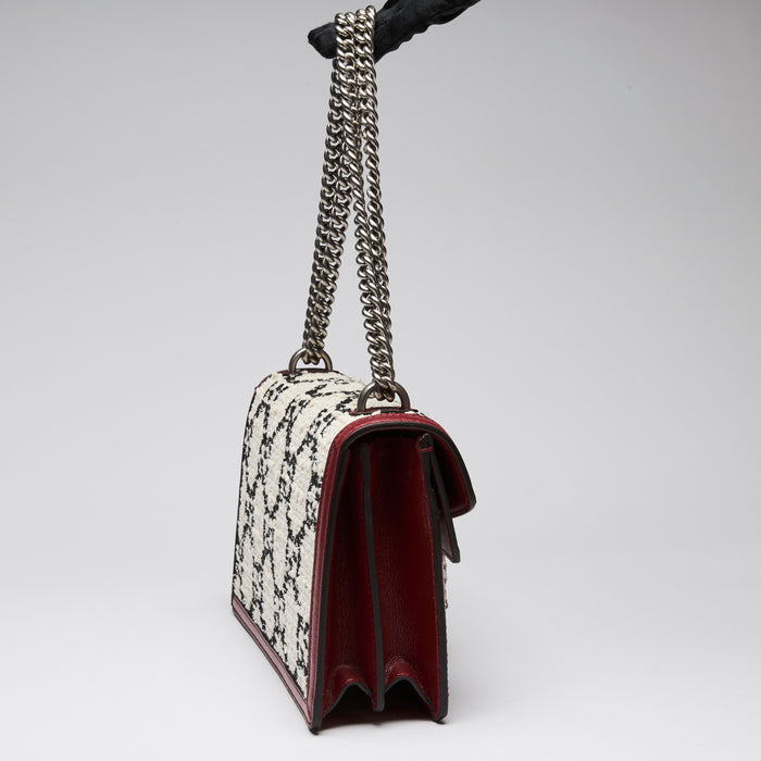 Gucci Black and White Tweed with Red Grained Leather Medium Dionysus Chain Shoulder Bag