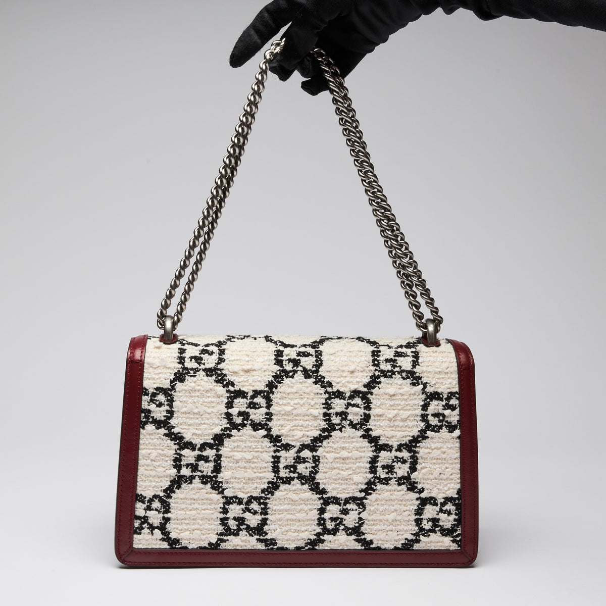 Gucci Black and White Tweed with Red Grained Leather Medium Dionysus Chain Shoulder Bag