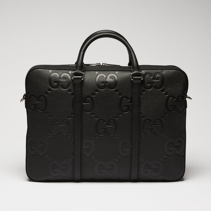 Gucci Black GG Jumbo Embossed Leather Top Handle Medium Briefcase