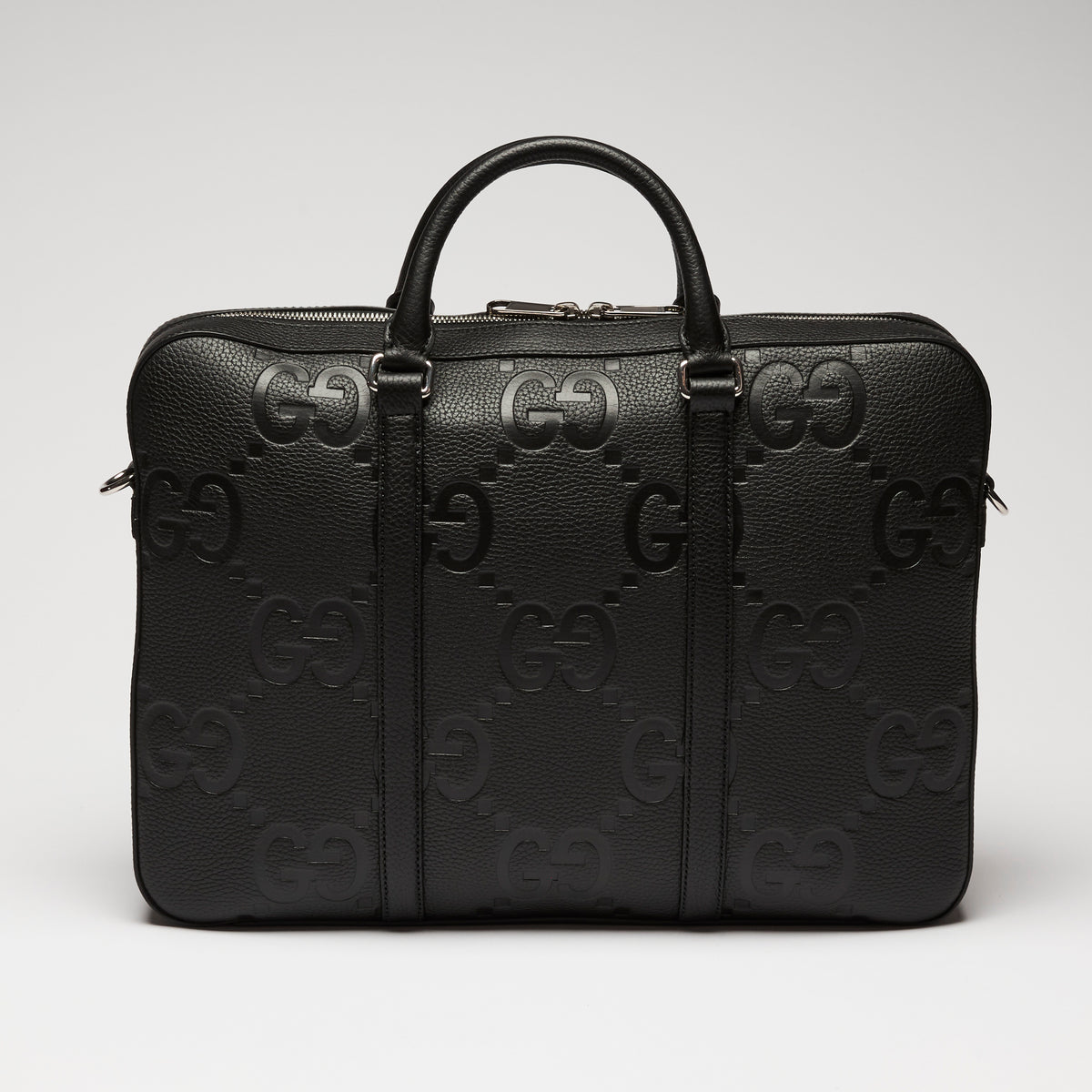 Gucci Black GG Jumbo Embossed Leather Top Handle Medium Briefcase