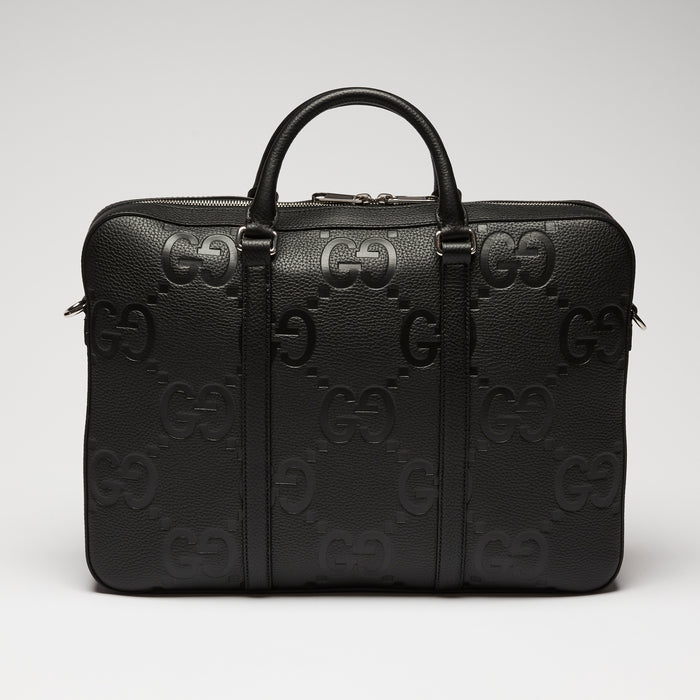 Gucci Black GG Jumbo Embossed Leather Top Handle Medium Briefcase