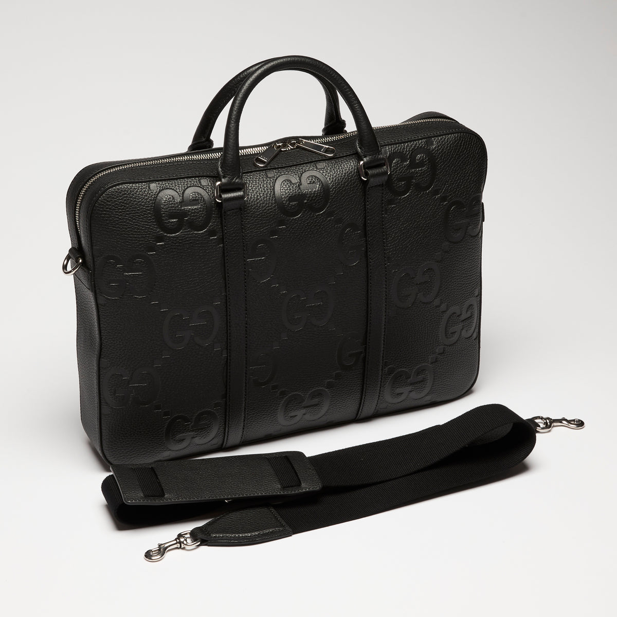 Gucci Black GG Jumbo Embossed Leather Top Handle Medium Briefcase