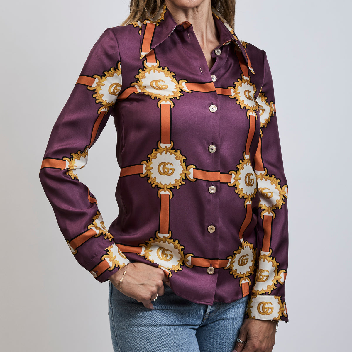 Gucci Purple Multicolor Silk Harness Print Button Up