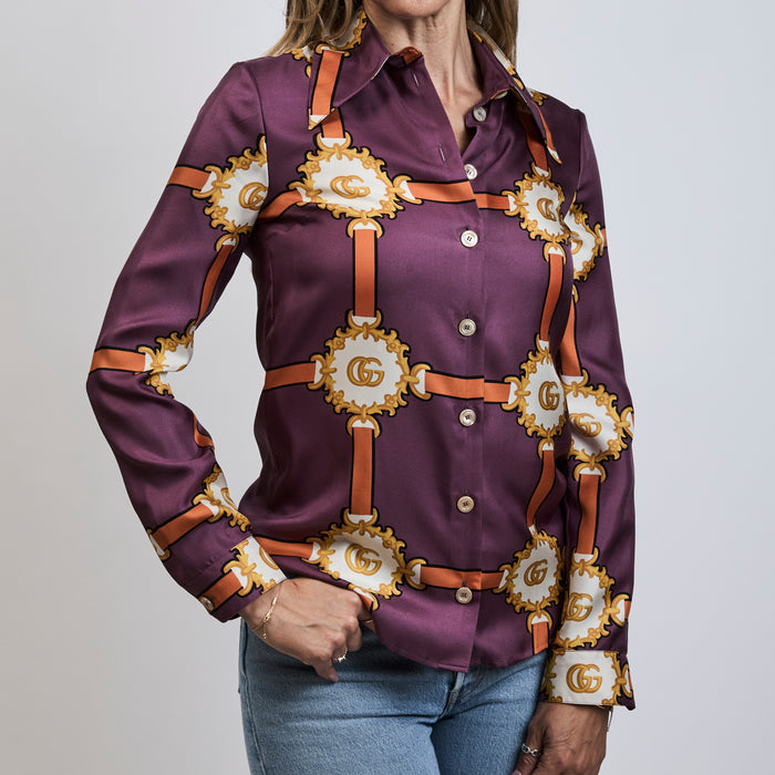 Gucci Purple Multicolor Silk Harness Print Button Up