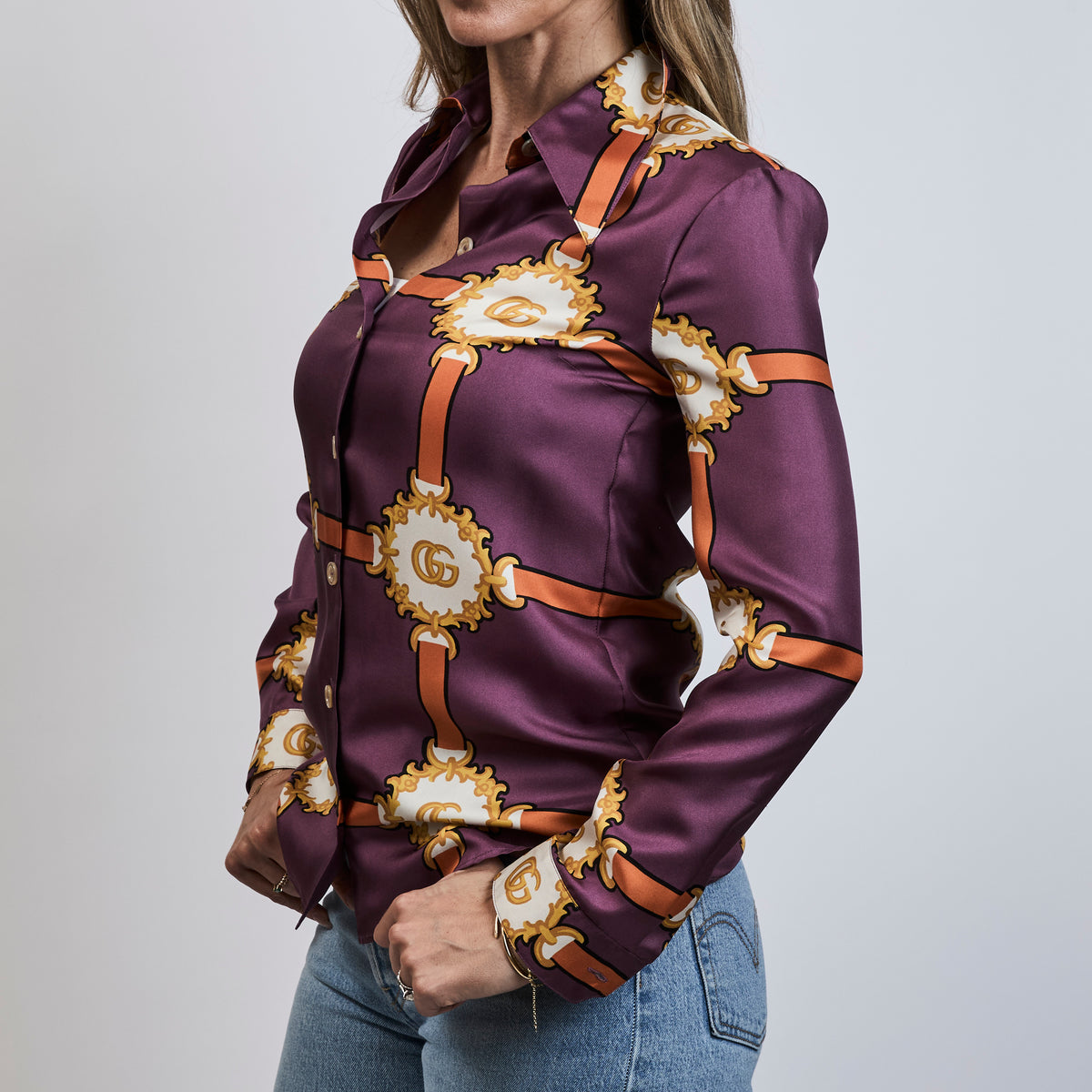 Gucci Purple Multicolor Silk Harness Print Button Up