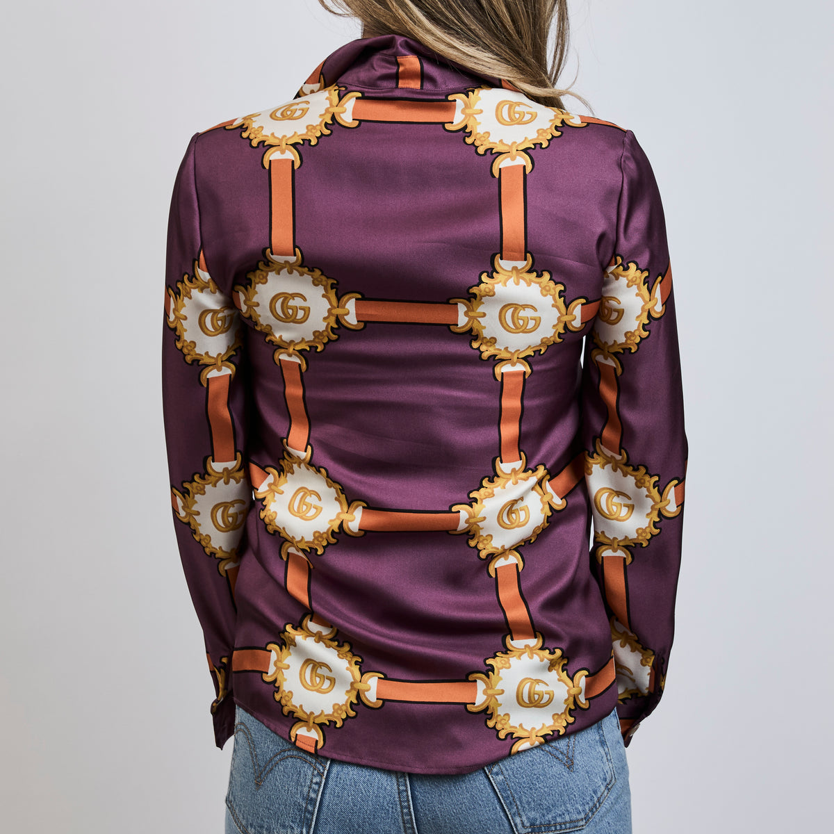 Gucci Purple Multicolor Silk Harness Print Button Up