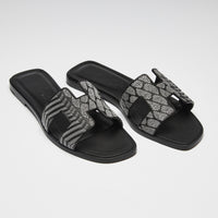 Excellent Pre-Loved Black Leather Sandals with Silver Embroidered Upper.(front)