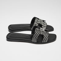 Excellent Pre-Loved Black Leather Sandals with Silver Embroidered Upper.(side)