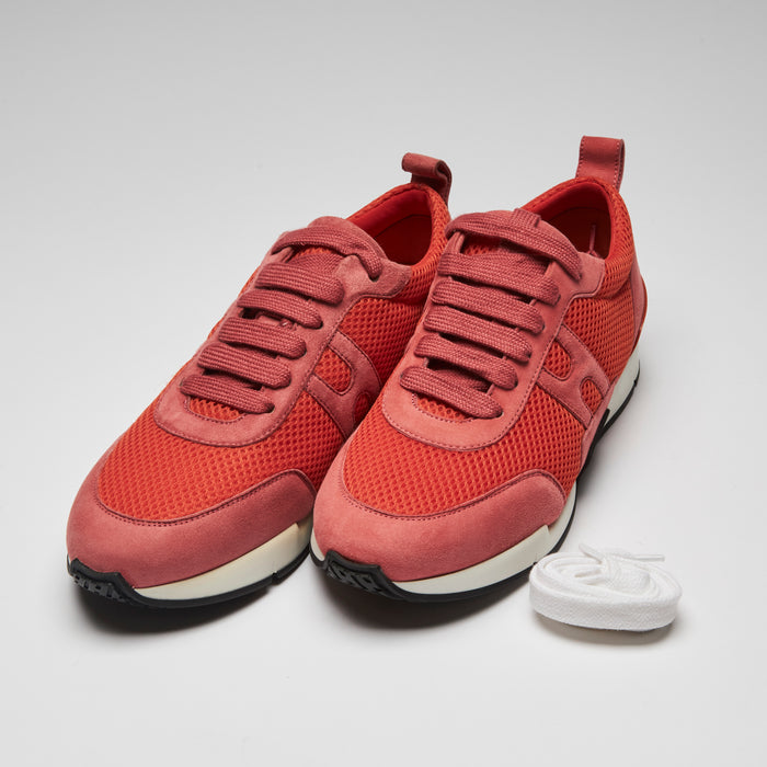 Excellent Pre-Loved Pink Suede and Coral Mesh Sneakers. (front)