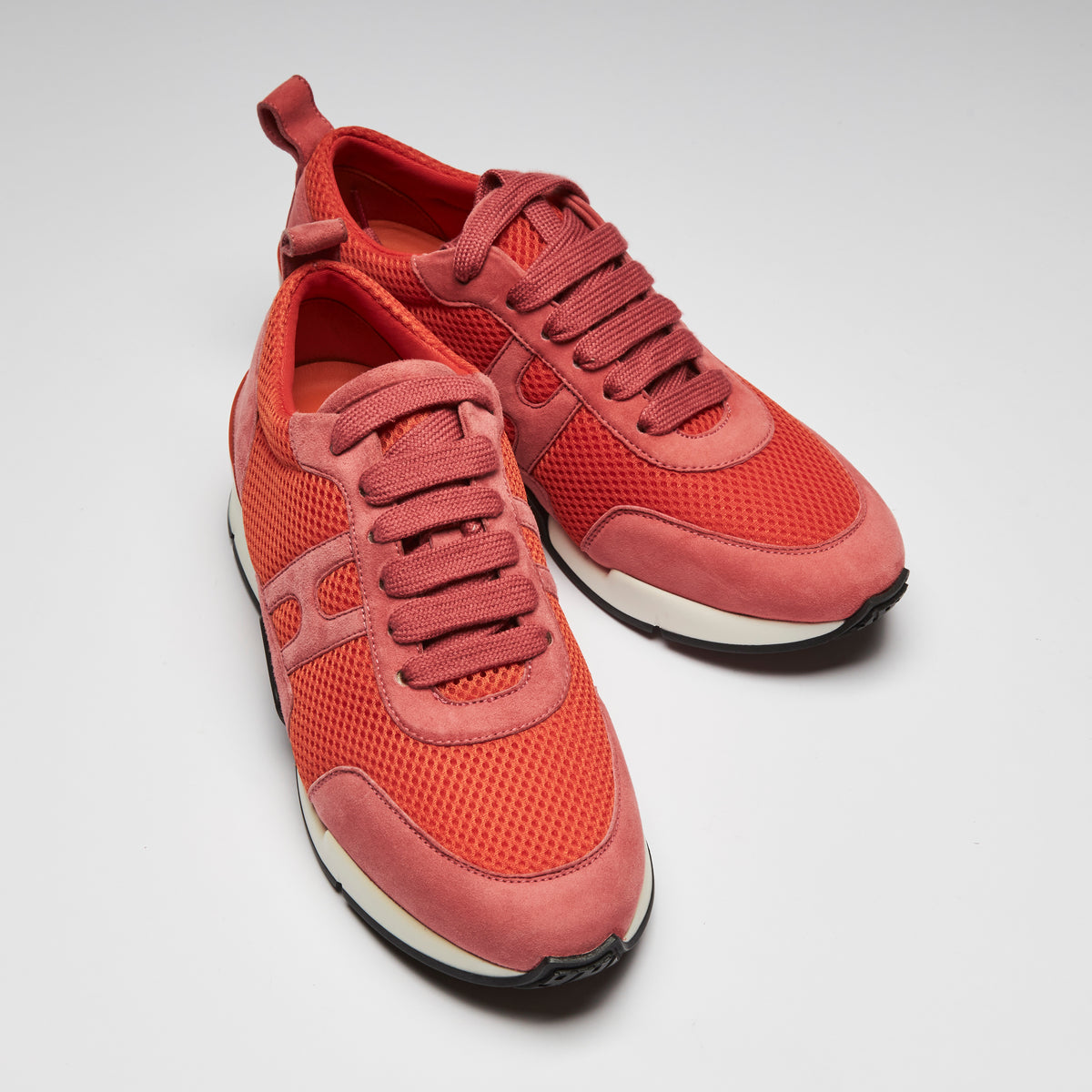 Excellent Pre-Loved Pink Suede and Coral Mesh Sneakers.(front)