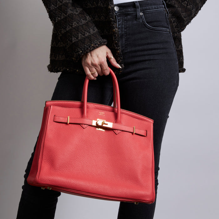 Excellent Pre-Loved Bright Rosy Red Grained Leather Top Handle Bag(on body)