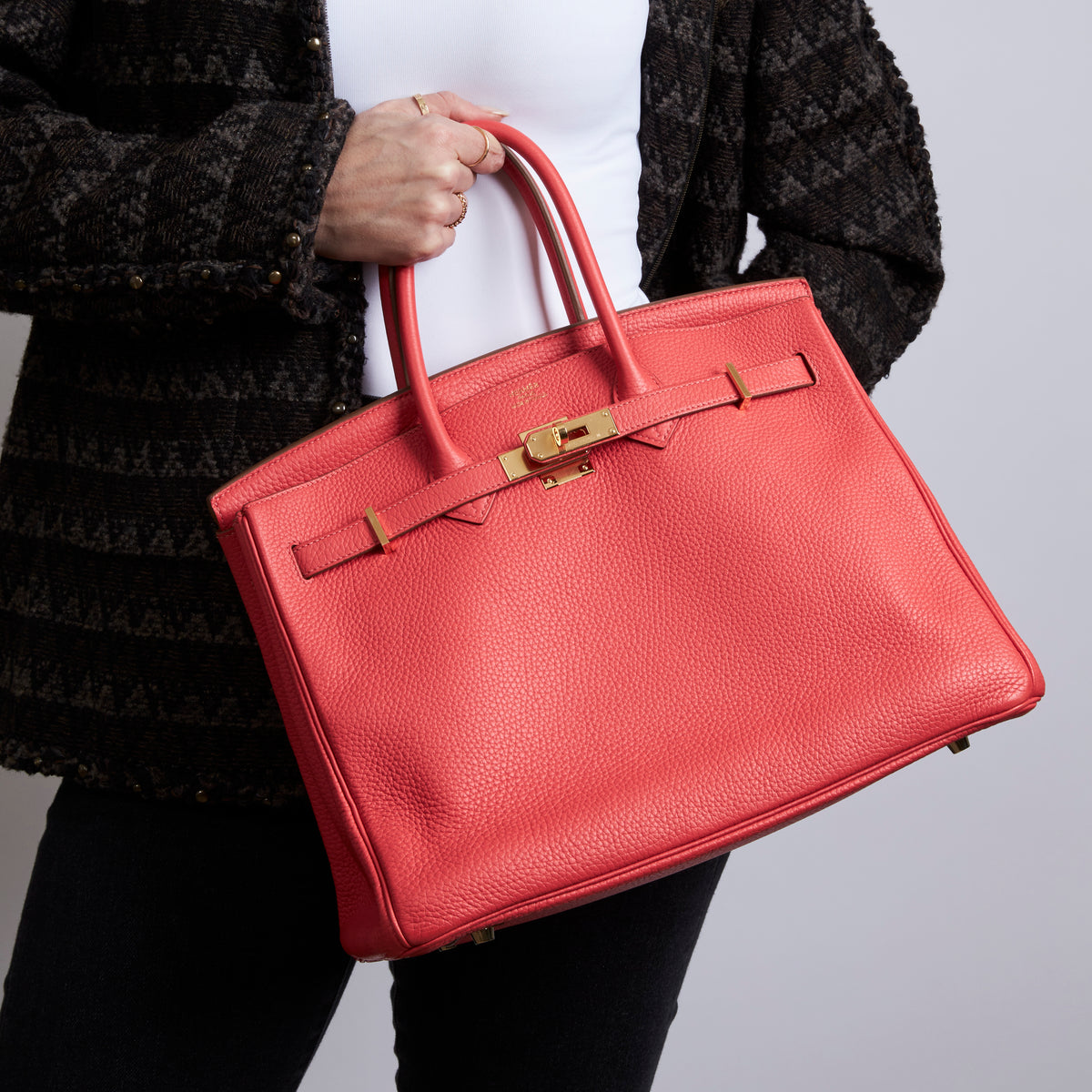 Excellent Pre-Loved Bright Rosy Red Grained Leather Top Handle Bag(on body)