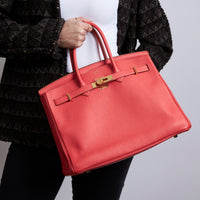 Excellent Pre-Loved Bright Rosy Red Grained Leather Top Handle Bag(on body)