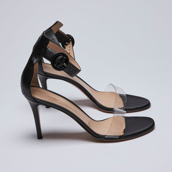 Pre-Loved Black Leather and Clear PVC Strappy Sandals with Ankle Strap.(side)