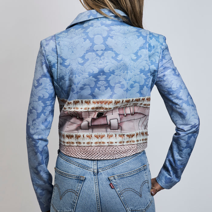 Mary Katrantzou Blue Multicolor Printed Leather Jacket Size 10