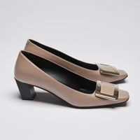 Pre-Loved Taupe Smooth Leather Square Toe Kitten Heels with Black Leather Lining and Silver Buckle Ornament.(side)