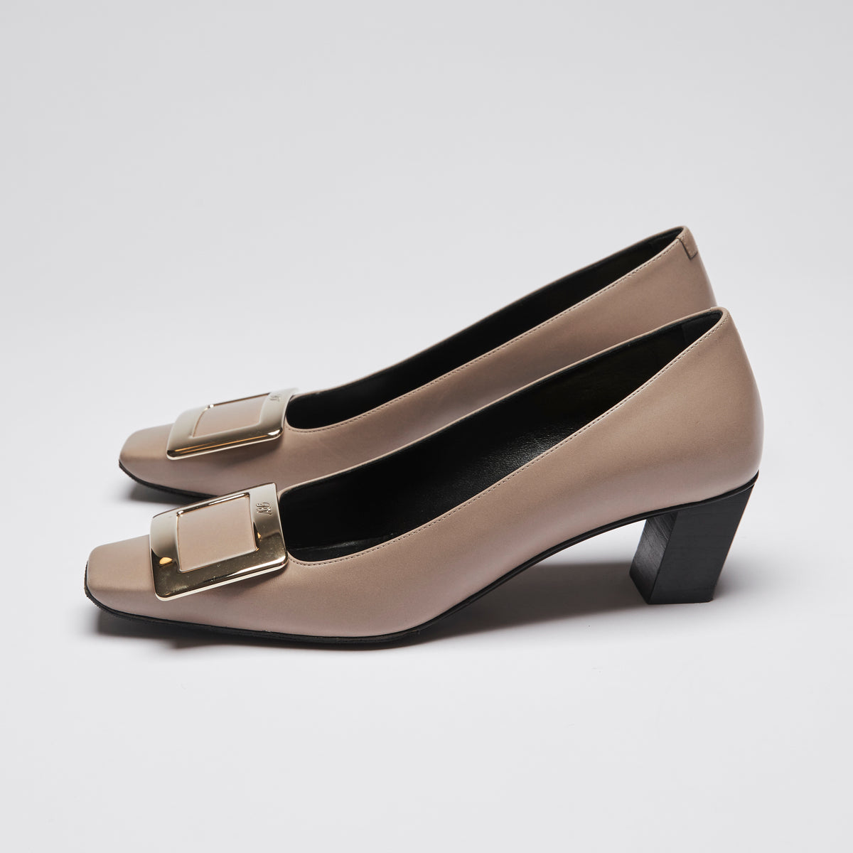 Pre-Loved Taupe Smooth Leather Square Toe Kitten Heels with Black Leather Lining and Silver Buckle Ornament.(side)