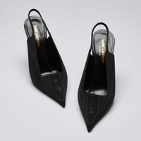 Excellent Pre-Loved Black Fabric Point Toe Sling Back Heels with Square Cut Out. (front)
