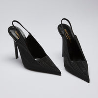 Excellent Pre-Loved Black Fabric Point Toe Sling Back Heels with Square Cut Out.(front)
