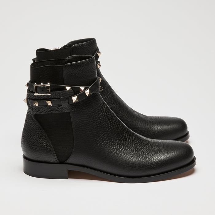 Valentino Black Grained Leather Rockstud Ankle Boot Size 39