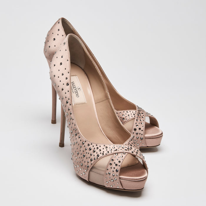 Valentino Dusty Pink Satin Peep Toe Pumps with Crystal Embellishments Size 38.5