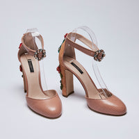 Excellent Pre-Loved Nude Textured Leather Floral Embroidered Round Toe Heels. (Front)