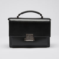 Excellent Pre-Loved Black Smooth Leather Top Handle Flap Over Shoulder Bag with Aged Silver Tone Hardware.(Front)