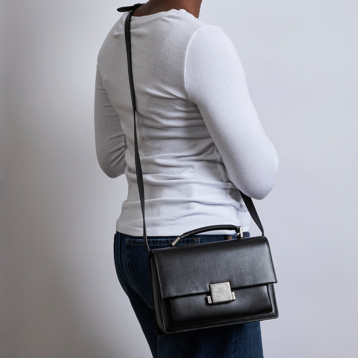Excellent Pre-Loved Black Smooth Leather Top Handle Flap Over Shoulder Bag with Aged Silver Tone Hardware(on body)