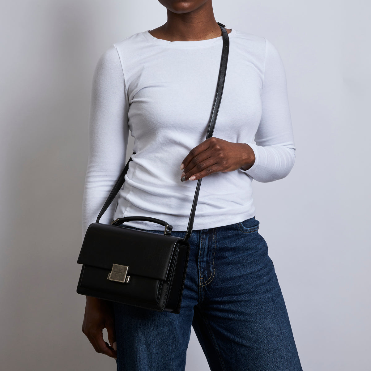 Excellent Pre-Loved Black Smooth Leather Top Handle Flap Over Shoulder Bag with Aged Silver Tone Hardware(on body)