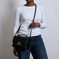 Excellent Pre-Loved Black Smooth Leather Top Handle Flap Over Shoulder Bag with Aged Silver Tone Hardware(on body)
