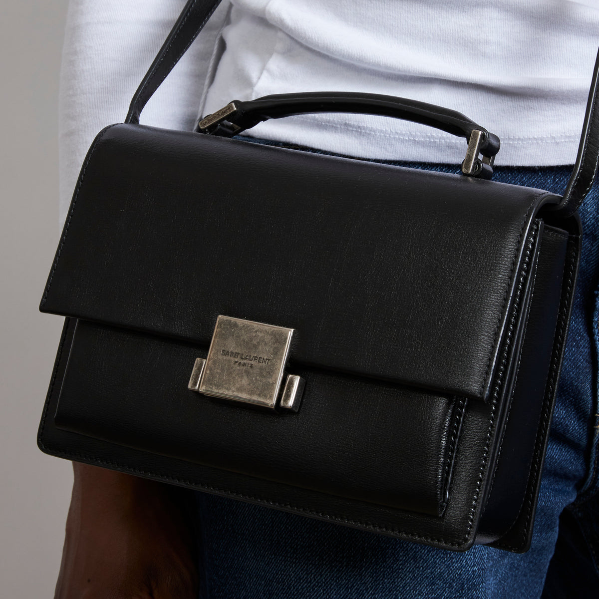 Excellent Pre-Loved Black Smooth Leather Top Handle Flap Over Shoulder Bag with Aged Silver Tone Hardware(on body)