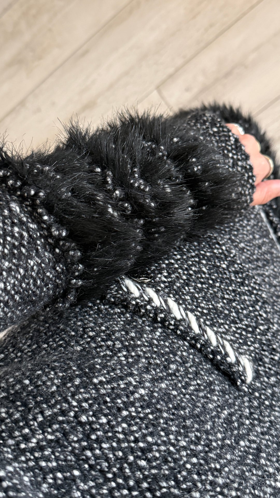 Pre-Loved Chanel™ Grey and White Knit Dress with Fluff Accents Size 38