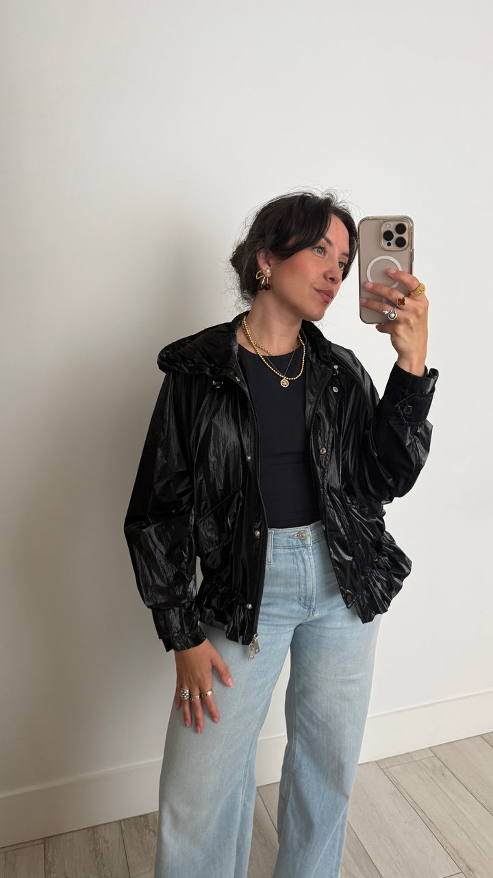 Moncler Black Shiny Jacket with Elasticated Waist Size 1