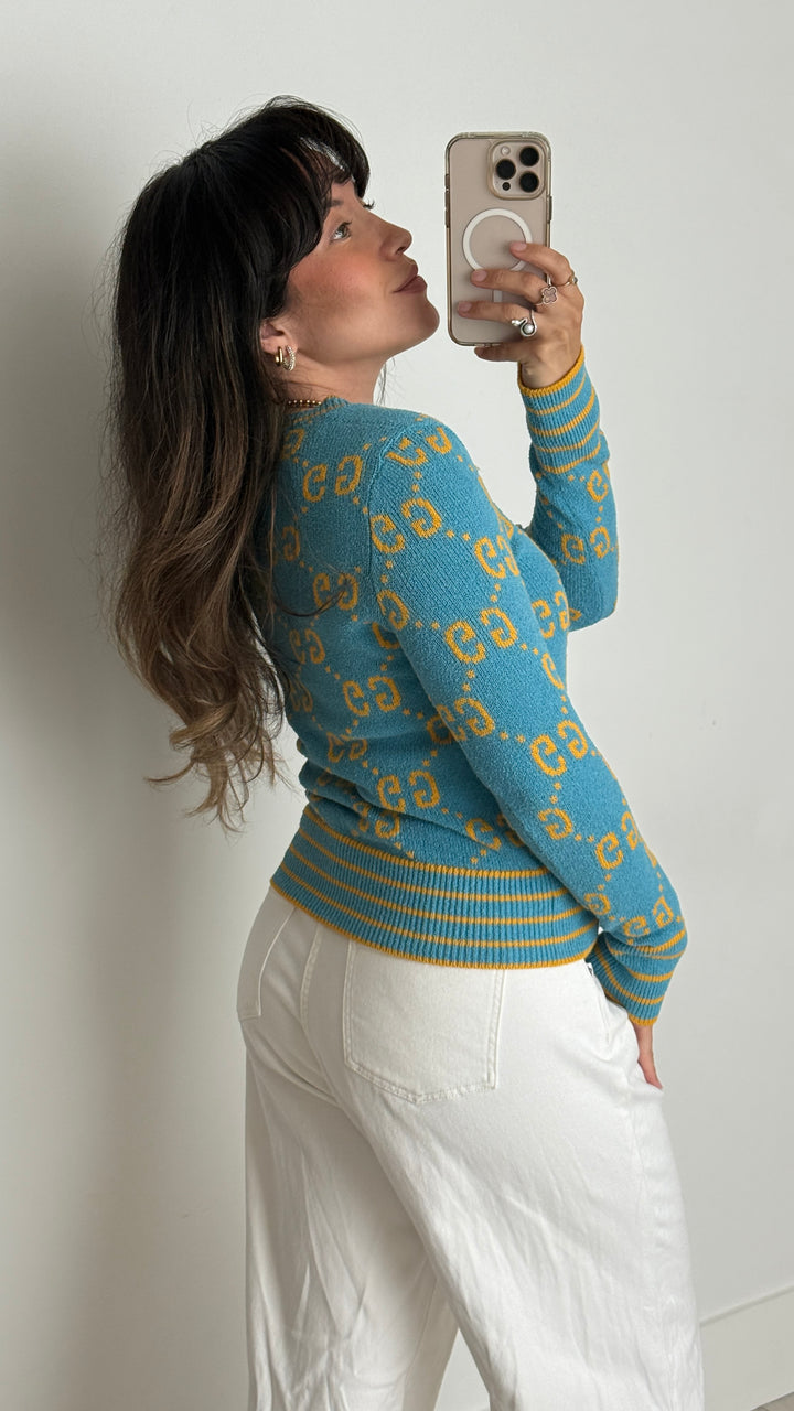Gucci Cotton Blend Blue Knit Sweater with Yellow Monogram Size XS