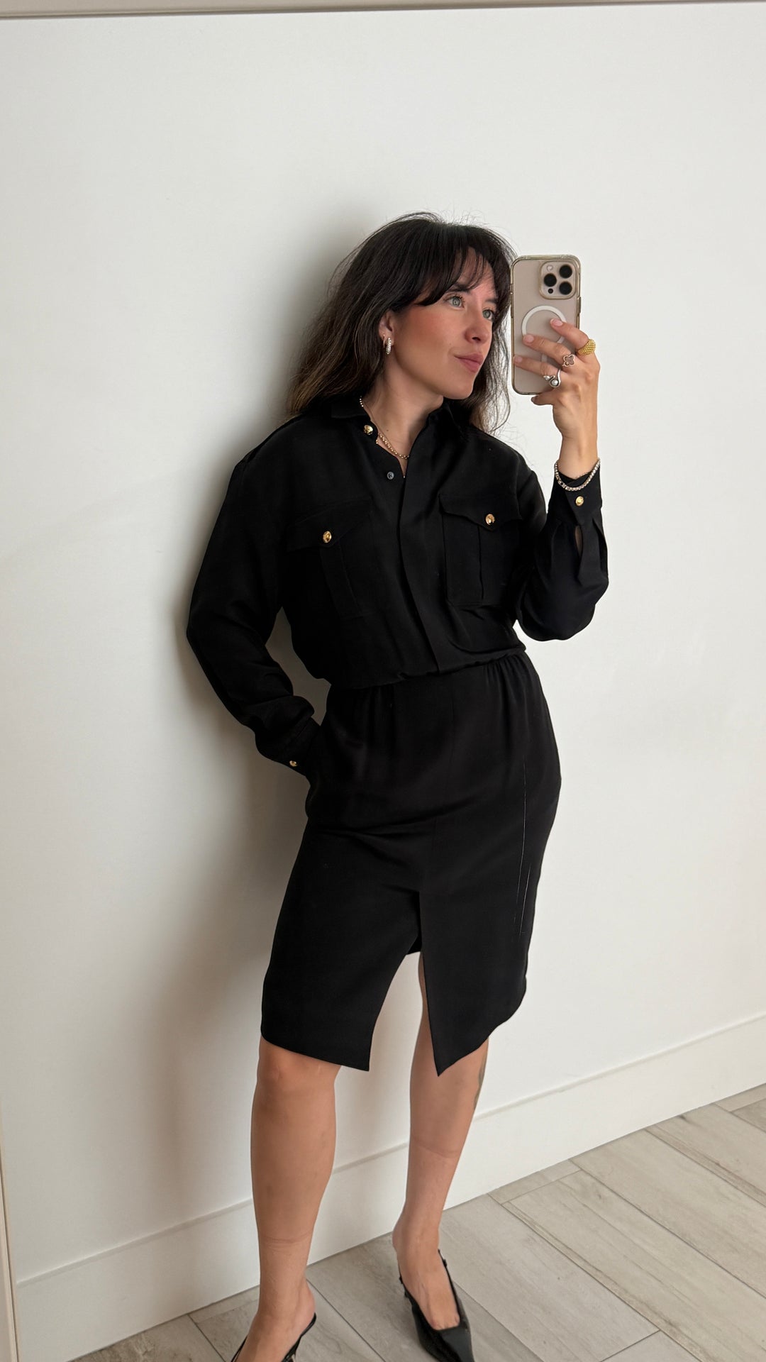Celine Black Silk Dress with Gold-Tone Buttons Size 38